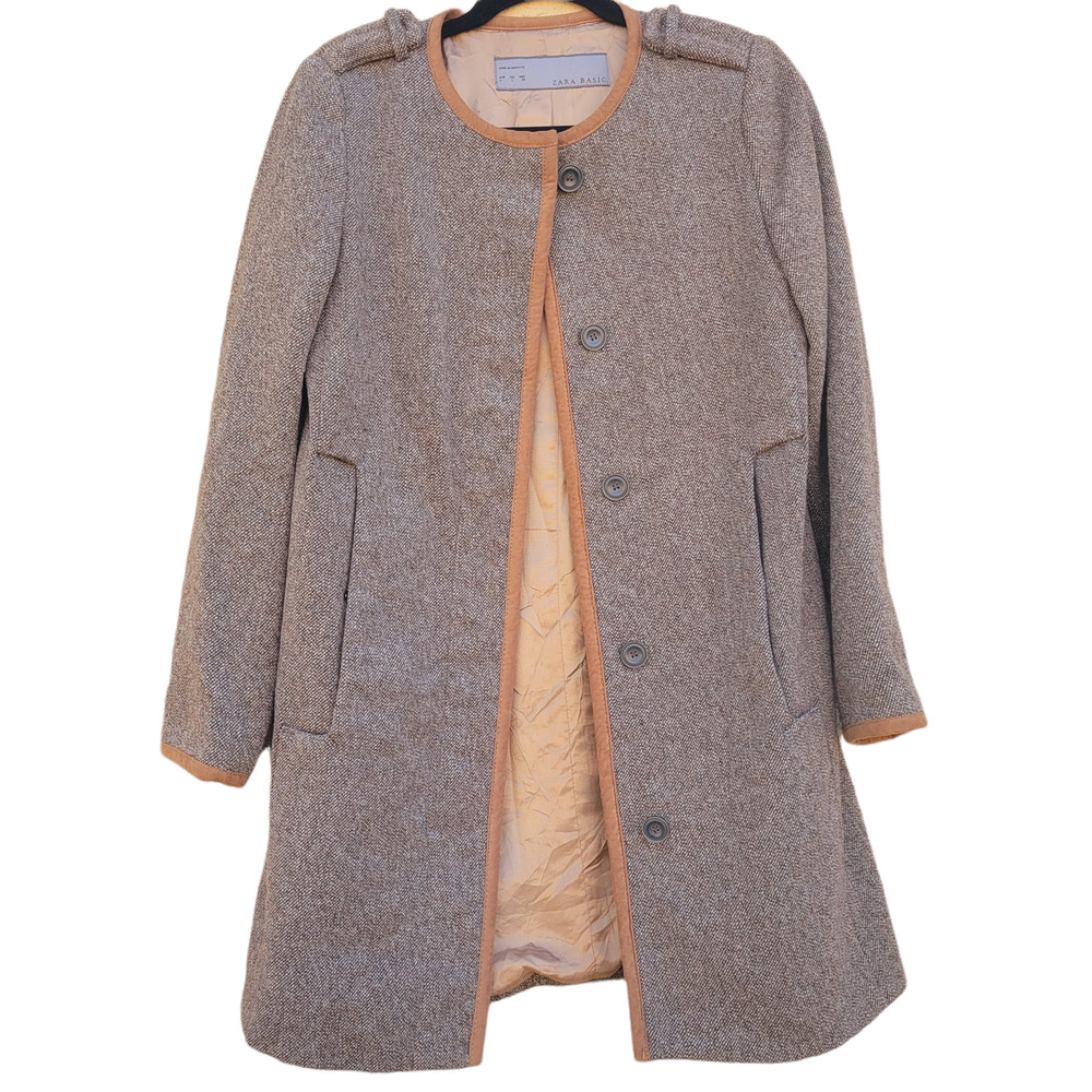 Zara Coat Wool Blend Button Front Brown Jacket Size Large
